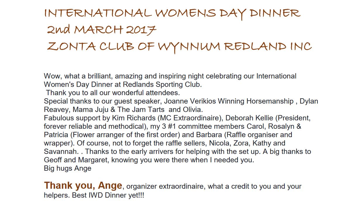 Zonta Club of Wynnum Redlands Inc: Wow, what a brilliant, amazing and inspiring night celebrating our International  Women's Day Dinner at Redlands Sporting Club.  Thank you to all our wonderful atte ndees.  Special thanks to our guest speaker, Joanne Verikios Winning Horsemanship
