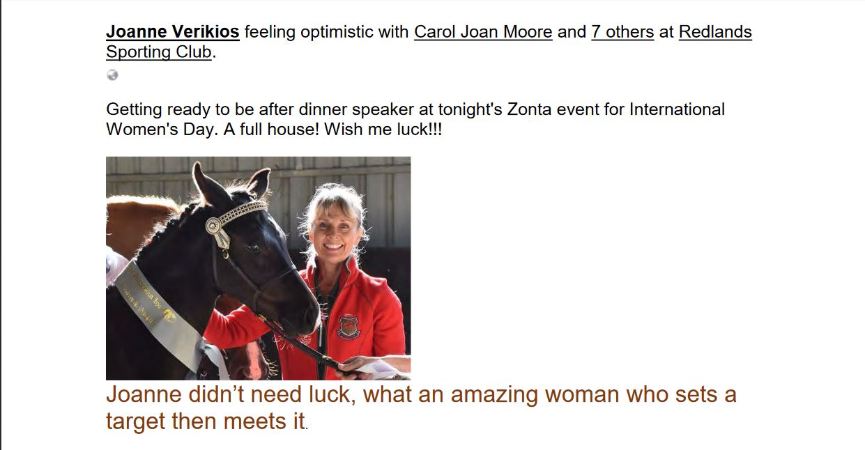 Zonta Club of Wynnum Redlands Inc: Joanne Verikios is an amazing woman who sets a traget and then meets it